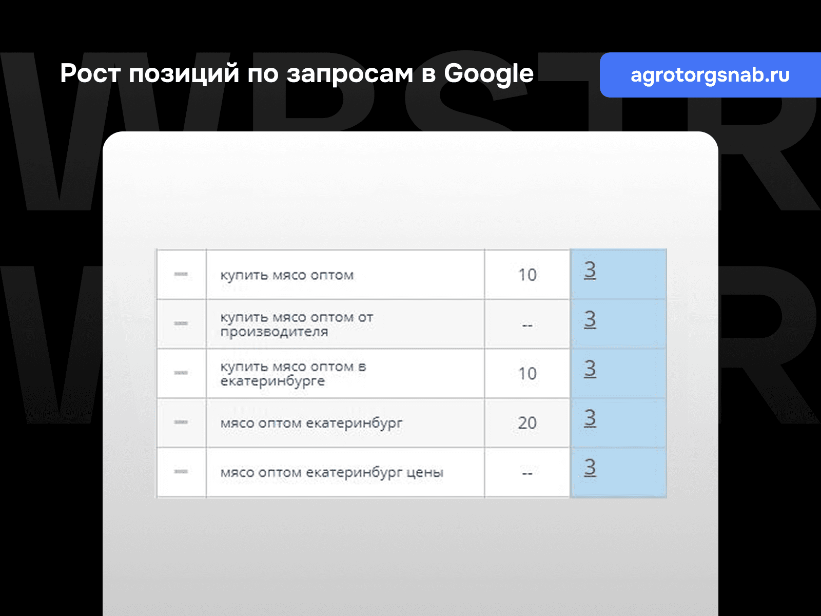 Позиции по запросам Google для проекта «Агроторгснаб»